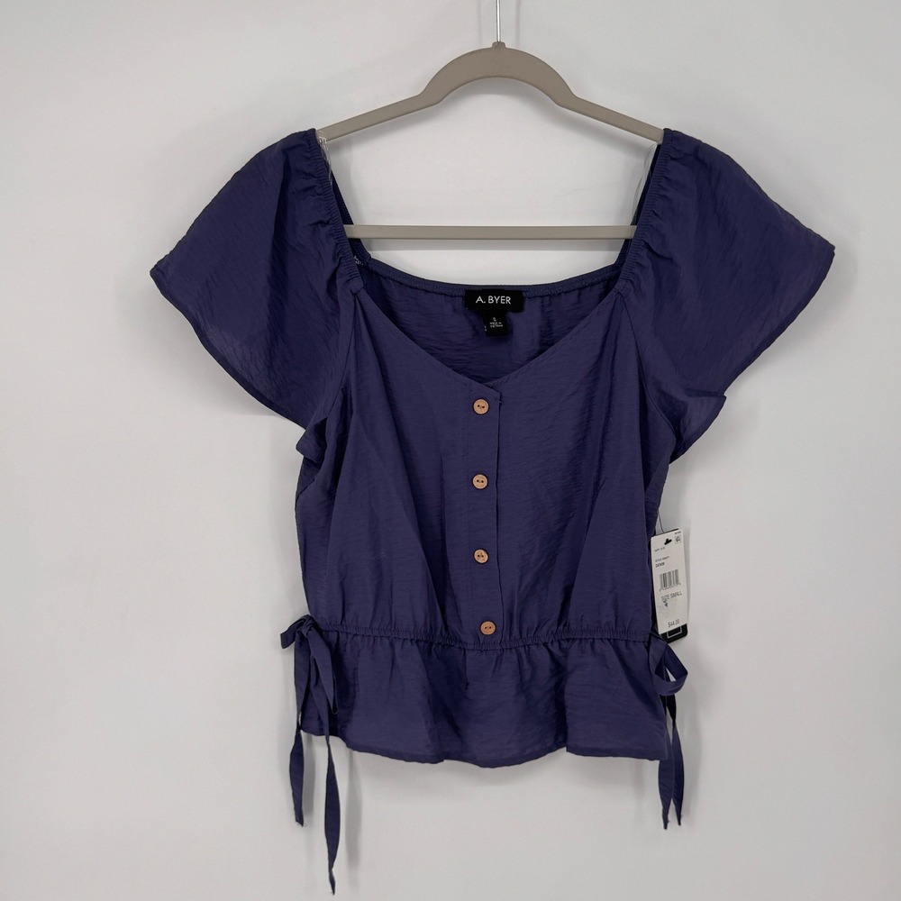 A. Byer Peplum Top Women Size Small Denim Blue New Short Flutter Sleeve Side Tie